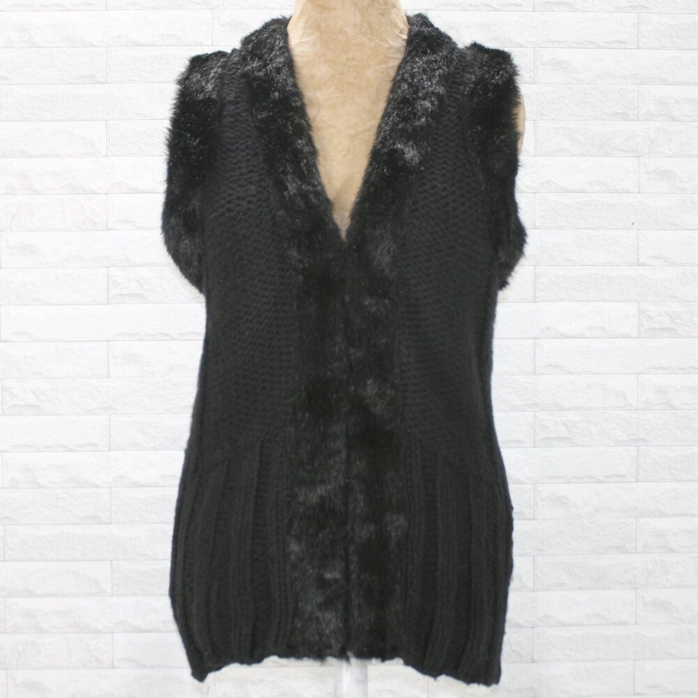 JW Vest Faux Fur Trim Knit Wool Blend Sleeveless Classic Winter Chunky Black LG